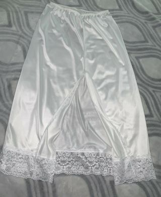 Vtg Shiny Nylon Half Slip Skirt Long 3.  5” Lace Hem 18 " Slit M L Waist To 40 " Usa
