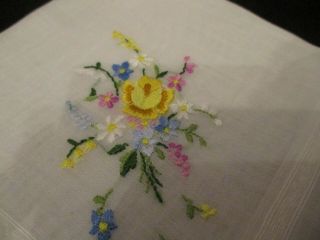 Vintage Yellow,  Pink,  Blue Floral Hand Embroidered Hanky Handkerchief