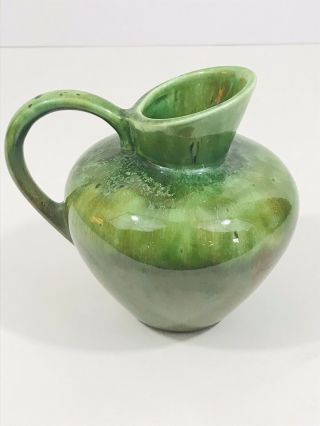 Vintage Mid Century Studio Pottery Small Pitcher Green Brown Shiny Glaze Speckle