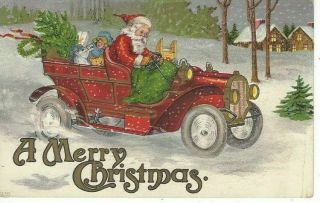 Antique Embossed Christmas Postcard Santa Claus In Red Auto,  Green Lap Robe