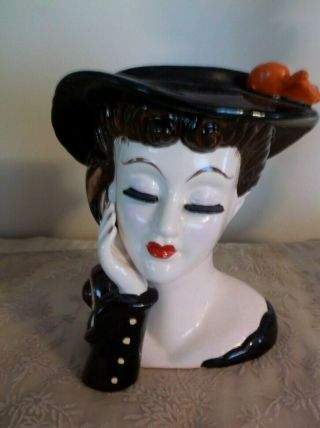 Vintage Ceramic Lady Head Vase Planter Eyelashes Hat 6 "