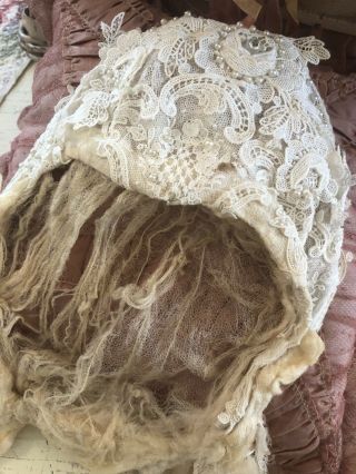 Antique French Lace Veil Cotton Netting Rhinestone Ribbon Work 1910 A