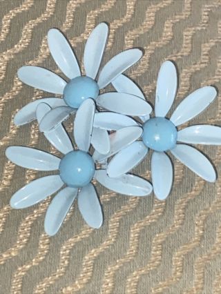 Vintage Mid Century Sky Blue Triple (3) Enamel Wild Flower Brooch Pin Lg 31/4”