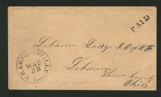 Crawfordsville Indiana 1853 Stampless Envelope With Letter Paying Ioof Dues