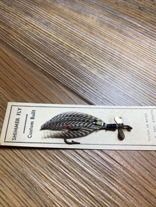 Vintage Fishing Lure Shimmer Fly Flyrod Bait Elm Sporting Goods Mass.  On Card 2