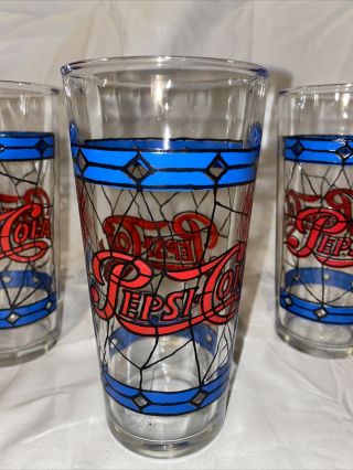Set of 3 Vintage 1970 ' s PEPSI COLA Tiffany Style Stained Glass 12 Ounce Tumbler 2