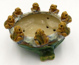 Vintage Majolica Style Frog Planter W/8 Frogs On Rim & 3 Lily Pad Stem Feet
