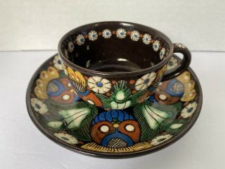 Thoune Swiss Pottery Majolica Owl Of Chrutmuster Alpine Flowers Cup And Saucer