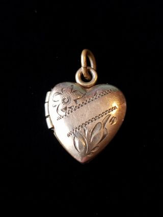 44 Tiny Antique Victorian Gold Filled Heart Shaped Locket Charm Carved Flowers