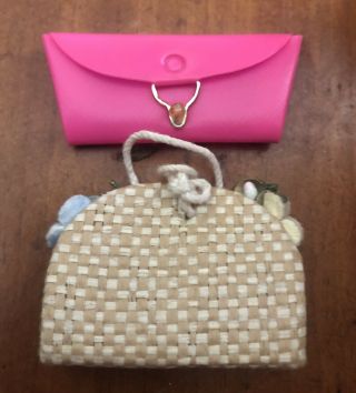 Vintage Barbie Hot Pink Clutch Purse And Straw Bag 1960’s