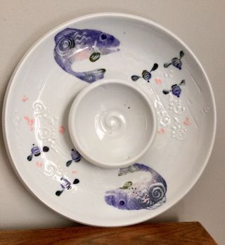 1995 Michael Crumb Fine Art Cobalt Blue White Fish Koi Pottery Plate Dish Signed