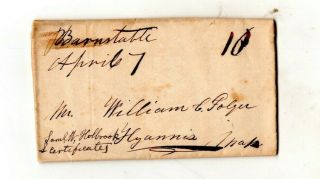 Wellfleet,  Samuel Holbrook Stampless Letter 1836 To William C.  Folger,  Hyannis Ma
