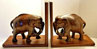 2 Vintage Hand Carved Wooden Elephant Bookends 8  Tall " Long