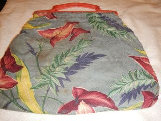 Vintage Knitting Sewing Bag Plastic Handles Fabric Floral