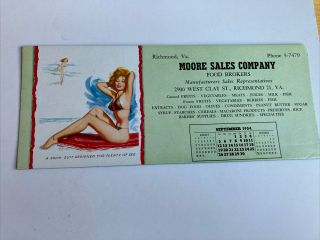Vintage Pinup Blotter”a Swimsuit Designed For Plenty Of See” Moore Sales 1954