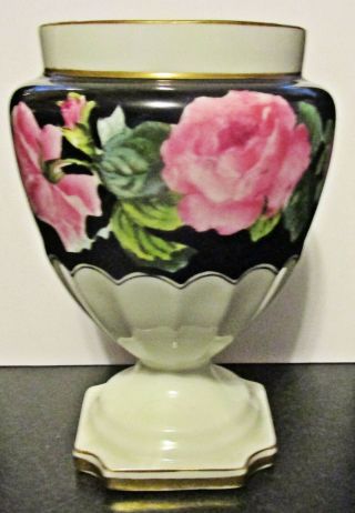 C1900 George Jones Uk Vase,  Ovington Bros.  Pink Roses,  Fluted Stem,  Gold Trim