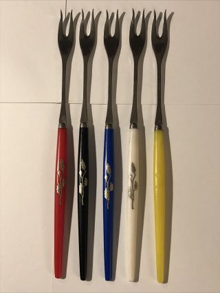 5 - Vintage Fondue Forks,  Colorful Bakelite Handles,  Stainless Steel Forks,  Japan