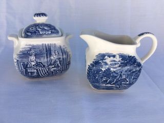 Liberty Blue China Lidded Sugar Bowl & Creamer Paul Revere Betsy Ross Englands2