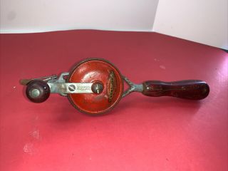 Vintage Craftsman Red Wheel Steel Wooden Handle Hand Crank Drill