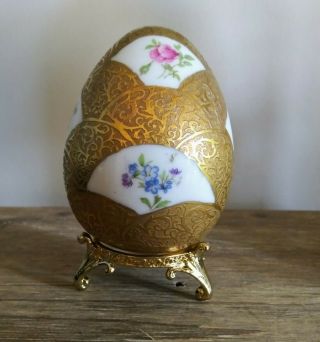 Vtg Limoges France Porcelain Floral Gold 3 " Egg Figurine Signed