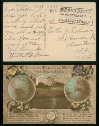 Uss Wyoming Passed By Censor Christmas 1910s Hands Across The Sea Postcard