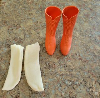 Vintage ‘70s Velvet / Crissy Doll Lace Front Orange Granny Boots / Shoes Socks