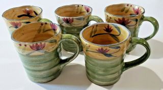 Pier 1 Elizabeth Set Of Five Coffee Mugs Handpainted Stoneware 4 - 1/2 "