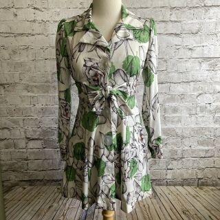 Vtg 1960s 1970s Green White Floral Button Up Long Sleeve Hippie Boho Mini Dress