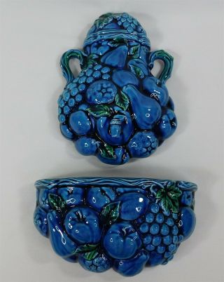 Vintage Mood Indigo Blue Ceramic Fruit Basket Inarco Faux Fountain Wall Decor