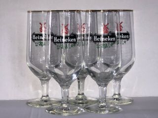 Set Of 5 Vintage Heineken Stemmed Beer Glasses Windmill Logo 12oz Gold Rimmed