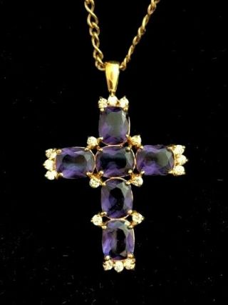 Vintage Sterling 925 Vermeil Deep Purple Faceted Crystal Cross Pendant 28 " Chain