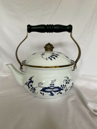 Vintage Blue Danube Teapot Tea Kettle Blue Onion Porcelain Enamel Wood Handle