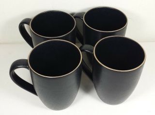 Set Of 4 Dansk Santiago Black Mug Cup Coffee Tea Tan Trim Stoneware Dinnerware B