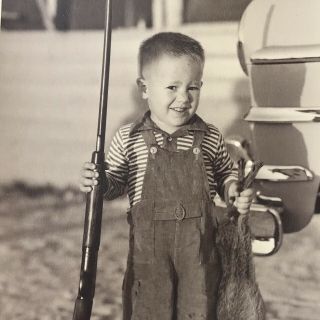 Vintage 1950s Black And White Photo Toddler Boy Bb Gun Rabbit Outdoors