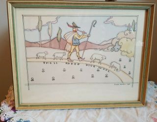 Vintage Frame1938 Sheep Herd Watercolor Painting Artist Signed 8x10