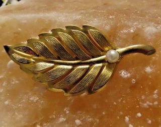 Vintage Leaf And Faux Pearl Brooch /pin Gold Tone Metal