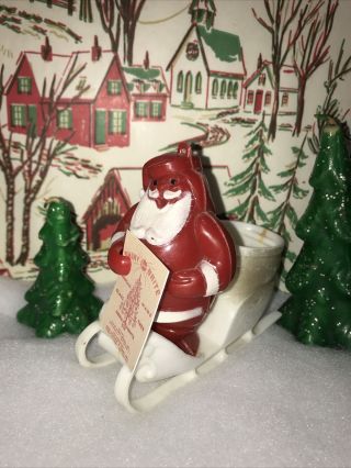 Vtg 50’s Plastic " Jaunty Santa In Sleigh " Candy Container E.  Rosen Retro Tag