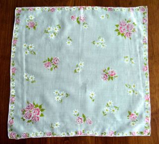 Vintage Hanky Floral Print Pretty Pink Roses & White Daisies Hand Rolled Edges