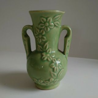 Vintage Shawnee Pottery Bud Vase 875 Two Handle Green Floral Design Base Chip 