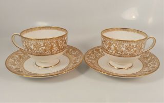 Set Of 2 Wedgwood Florentine Gold Cups And Saucers (black Backstamp)