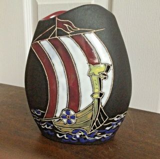 Vintage Arol Halden Norway Pottery Vase Enamel Painted Viking Ship Signed