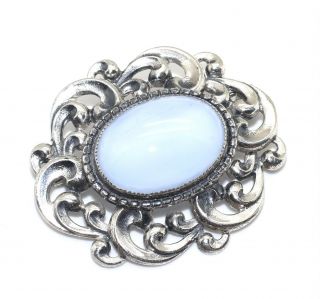 Danecraft Antique Art Deco 925 Sterling Silver Blue Moonstone Glass Pin Brooch