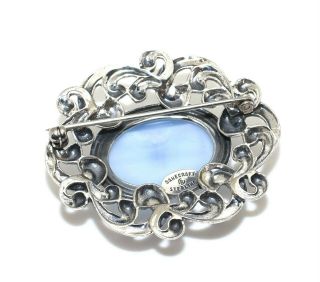 Danecraft Antique Art Deco 925 Sterling Silver Blue Moonstone Glass Pin Brooch 2