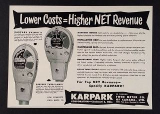 1957 Karpark Unimatic & Twin - O - Matic Parking Meters Vintage Print Ad