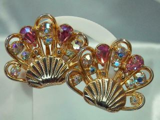 Sparkly Pink Rhinestone Napier Signed Vintage 70 ' s Seashell Clip Earrings 582o0 3
