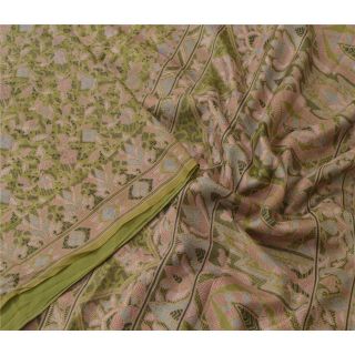 Sanskriti Vintage Green Indian Sari Printed 100 Pure Silk Sarees Craft Fabric