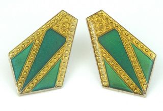 1970s - Vintage / Art Deco Design Green & Gold Enamel Earrings