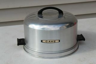 Vtg Cake Carrier Aluminum W Locking Handles Art Deco Lettering Euc Pan Holder