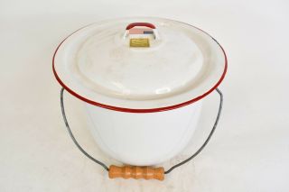 Vintage White Enamel Stock Pot W/red Trim Lid & Carry Handle Kitchen Cookware
