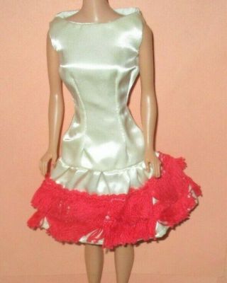 Vintage Barbie Clone Size " White Satin Dress With Red Fringe "